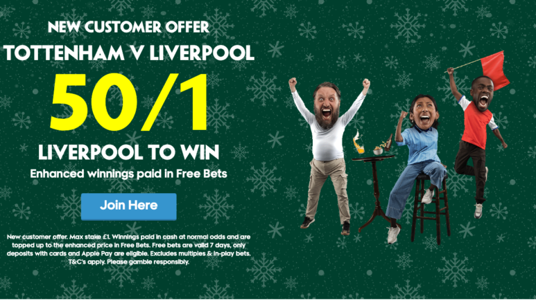 Paddy Power Sign Up Offer - Get 50/1 On Liverpool To Win Vs Tottenham