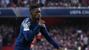 Paris Saint-Germain's Ousmane Dembele celebrates scoring their first goal during the Champions League semifinal first leg match against Arsenal at Emirates Stadium, London, Britain, April 29, 2025. (Reuters Photo)